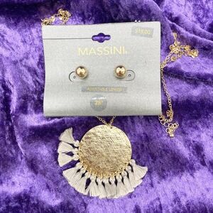 Massini Gold Tone Necklace & Stud Earrings‎ Set Adjustable Length Boho Statement